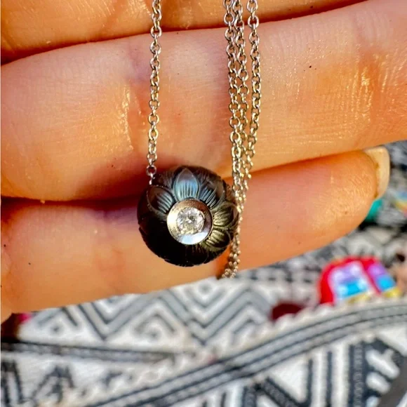 GALATEA designer solid 14k gold genuine carved Tahitian pearl/diamond necklace - Picture 16 of 16